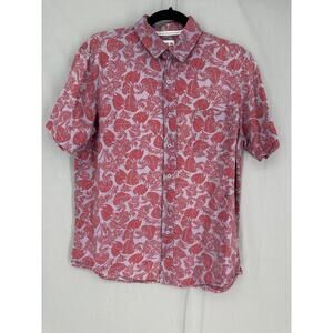 VSTR Shirt Mens Medium Red Floral Blue Button Linen Short Sleeve Camp Summer